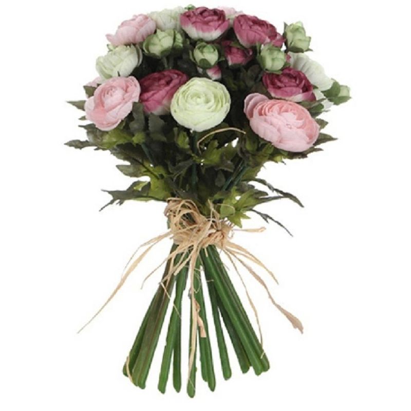 Foto van Roze/wit ranunculus/ranonkel kunstbloemen boeket 35 cm - kunstbloemen boeketten - bruidsboeketten