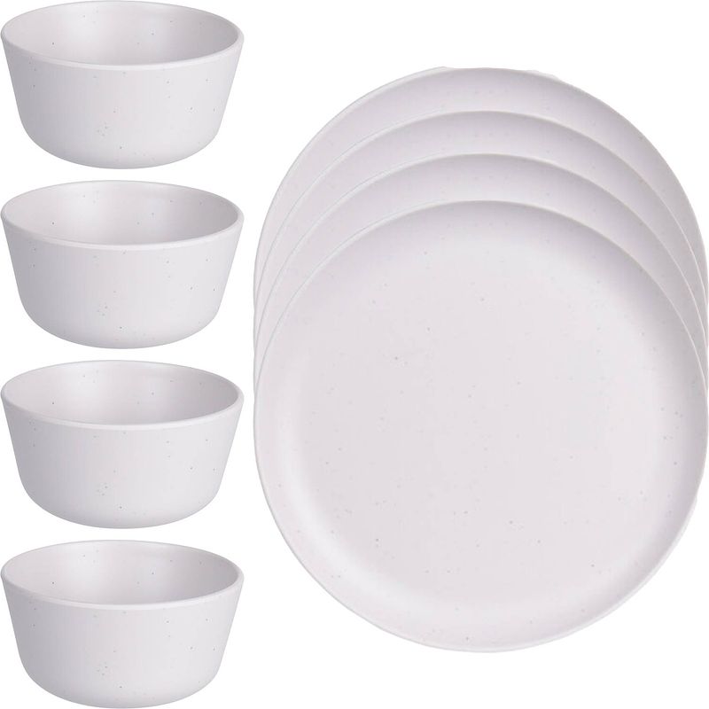 Foto van Camping diner servies set - borden/soepkommen - 8-delig - wit - kunststof - campingborden