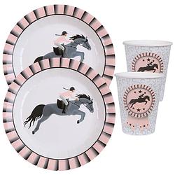 Foto van Paarden feest wegwerp servies set - 20x bordjes / 20x bekers - grijs/roze - feestpakketten