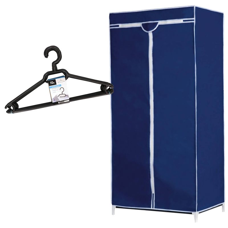 Foto van Set van mobiele opvouwbare kledingkast met blauwe hoes 160 cm en 10x plastic kledinghangers zwart - campingkledingkasten