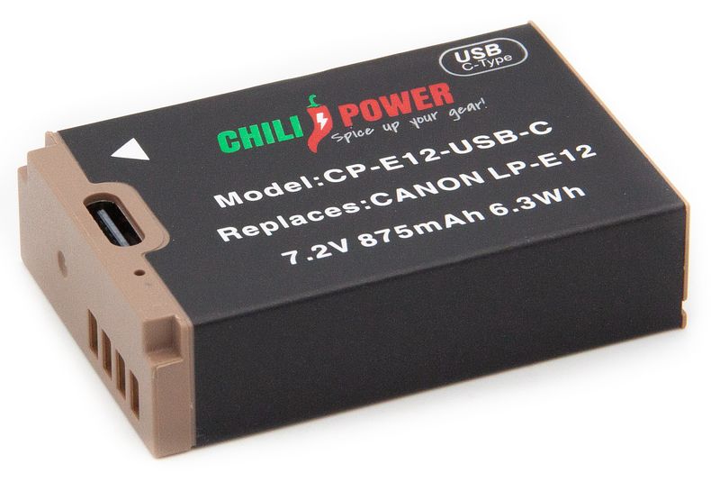 Foto van Chilipower accu lp-e12 usb-c versie voor canon - 875mah