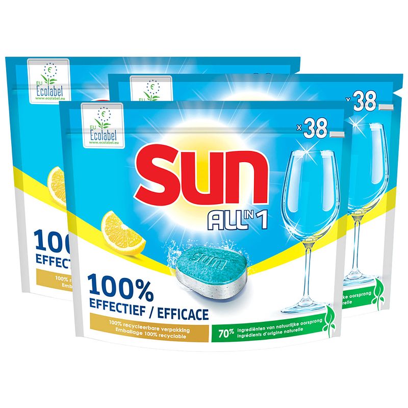 Foto van Sun all-in one - vaatwastabletten - citroen - 114 capsules - 3 x 38 voordeelverpakking - kwartaalbox