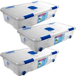 Foto van 3x opbergboxen/opbergdozen met deksel en wieltjes 30 liter kunststof transparant/blauw - opbergbox