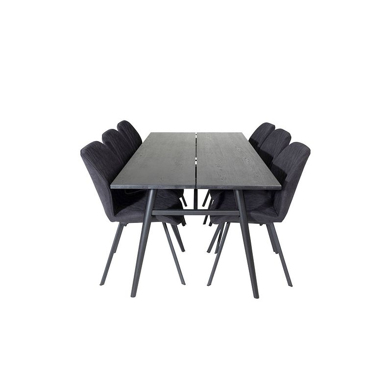 Foto van Sleek eethoek eetkamertafel uitschuifbare tafel lengte cm 195 / 280 zwart en 6 gemma eetkamerstal zwart.