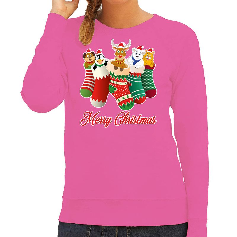 Foto van Bellatio decorations foute kersttrui/sweater dames - kerstsokken - roze - kerstdieren - rudolf s - kerst truien