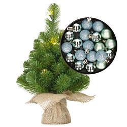 Foto van Mini kerstboom/kunstboom met verlichting 45 cm en inclusief kerstballen mintgroen - kunstkerstboom