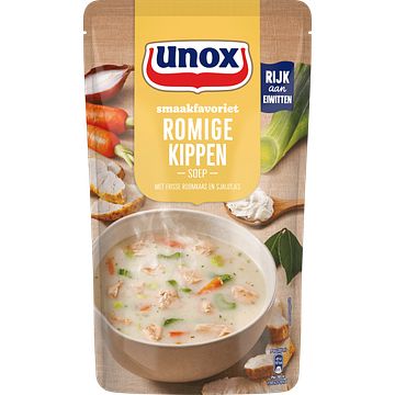 Foto van 2 zakken soep a 570 ml, pakken cupasoup a 3 stuks of single verpakkingen noodles of pasta | unox smaakfavoriet soep in zak romige kippen 570ml aanbieding bij jumbo