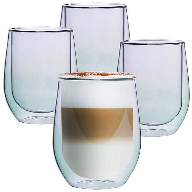 Foto van Groene dubbelwandige koffieglazen - dubbelwandige theeglazen - cappuccino glazen - 300ml - set van 4