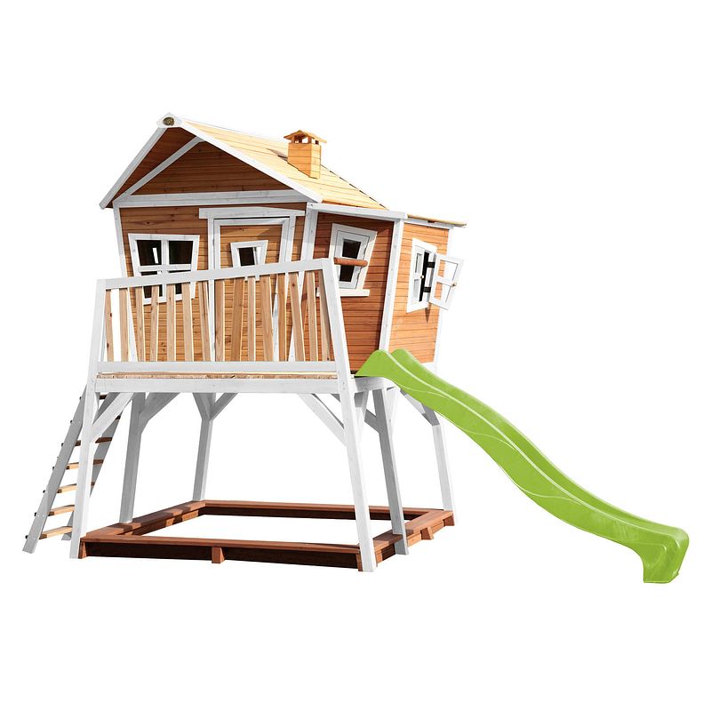Foto van Axi max speelhuis op palen, zandbak & limoen groene glijbaan speelhuisje voor de tuin / buiten in bruin & wit van fsc