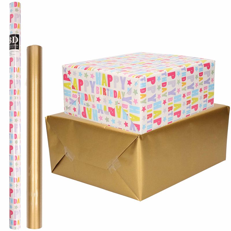 Foto van 4x rollen kraft inpakpapier happy birthday pakket - goud 200 x 70/50 cm - cadeaupapier