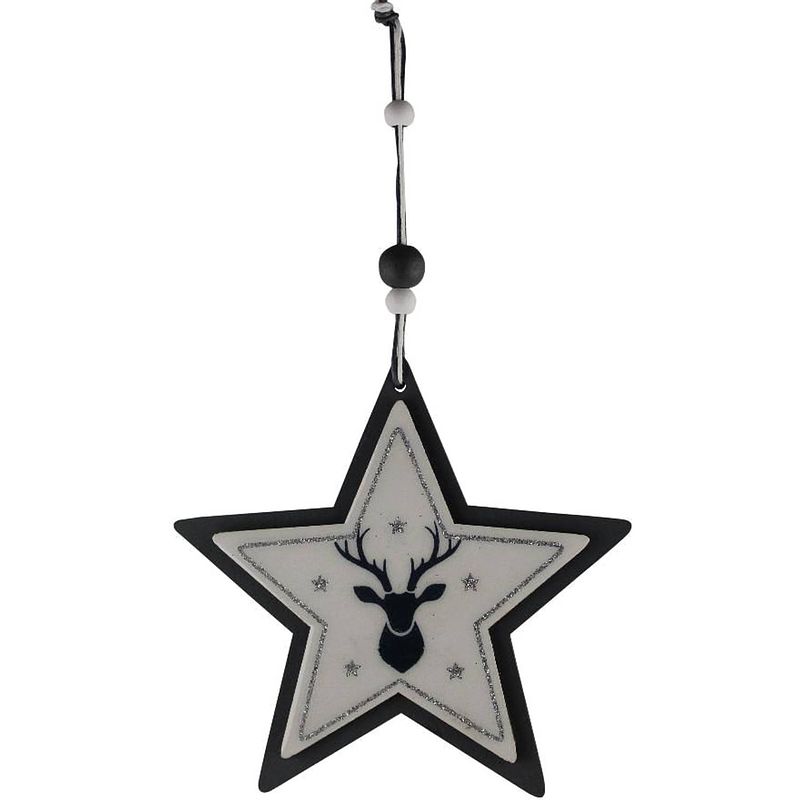 Foto van Magic deco kersthanger star 11 cm hout wit/donkerblauw/zilver