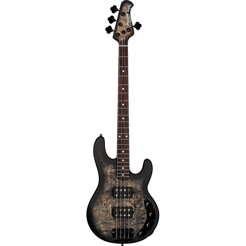 Foto van Sterling by music man stingray ray34 hh poplar burl trans black satin elektrische basgitaar met deluxe gigbag