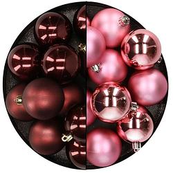 Foto van Kunststof kerstballen 6 cm - 24x stuks - bruin en roze - kerstbal