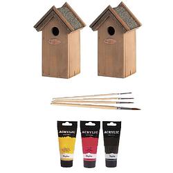 Foto van 2x houten vogelhuisje/nestkastje 22 cm - zwart/geel/rood dhz schilderen pakket - vogelhuisjes