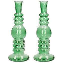 Foto van Kaarsen kandelaar florence - 2x - groen glas - helder - d8,5 x h23 cm - kaars kandelaars