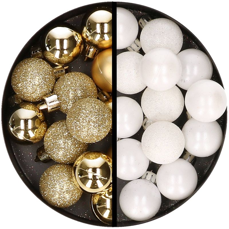 Foto van 34x stuks kunststof kerstballen goud en wit 3 cm - kerstbal