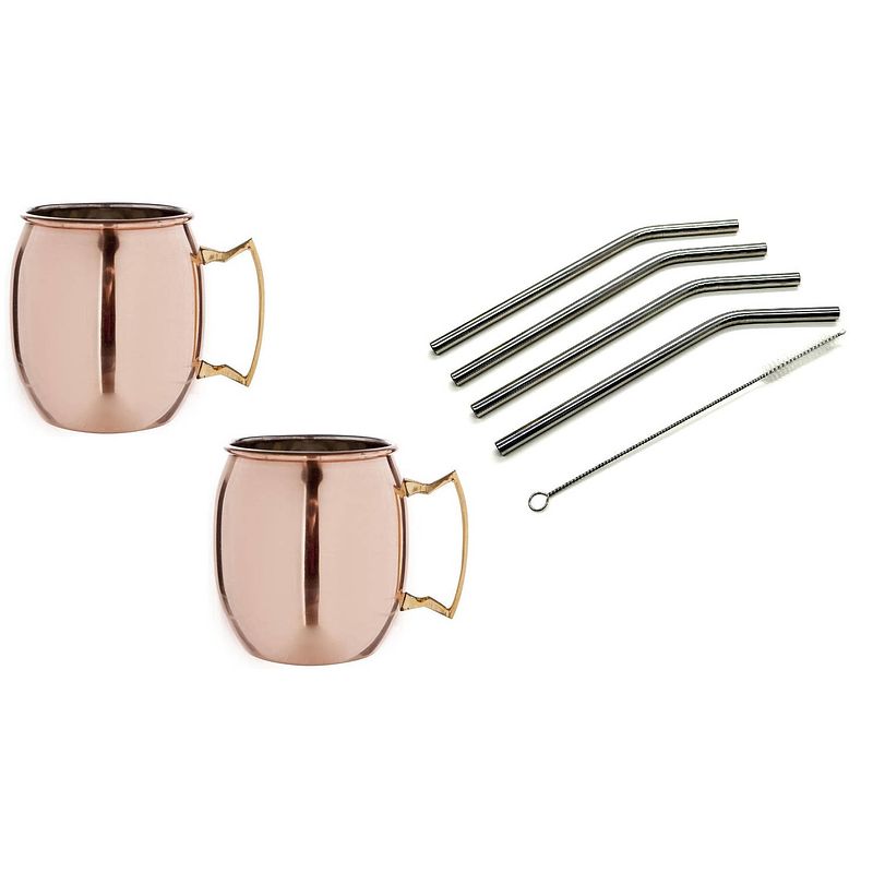 Foto van Moscow mule cocktail set 4x cocktailbekers/cocktailglazen 450 ml glad koper - inclusief 4x rvs herbruikbare rietjes