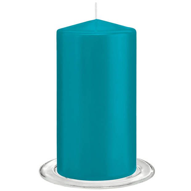 Foto van Trend candles - stompkaarsen met glazen onderzetters set van 2x stuks - turquoise blauw 8 x 15 cm - stompkaarsen