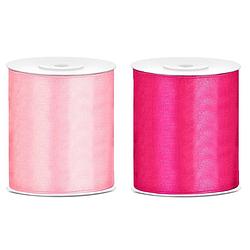 Foto van 2x rollen hobby decoratie satijnlint licht roze-fuchsia roze 10 cm x 25 meter - cadeaulinten