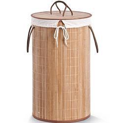 Foto van 1x luxe ronde bruine wasmanden van bamboe hout 35 x 60 cm - wasmanden