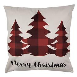 Foto van Clayre & eef kussenhoes 45x45 cm rood beige polyester kerstbomen merry christmas sierkussenhoes rood sierkussenhoes