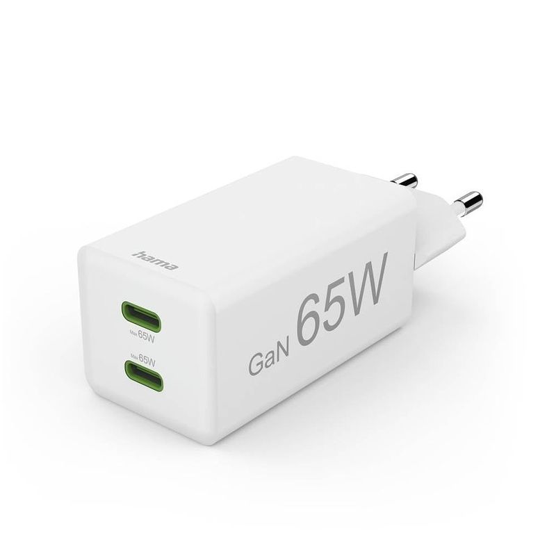 Foto van Hama fast charger gan 2x usb-c pd/qualcomm® mini-charger 65 w oplader wit