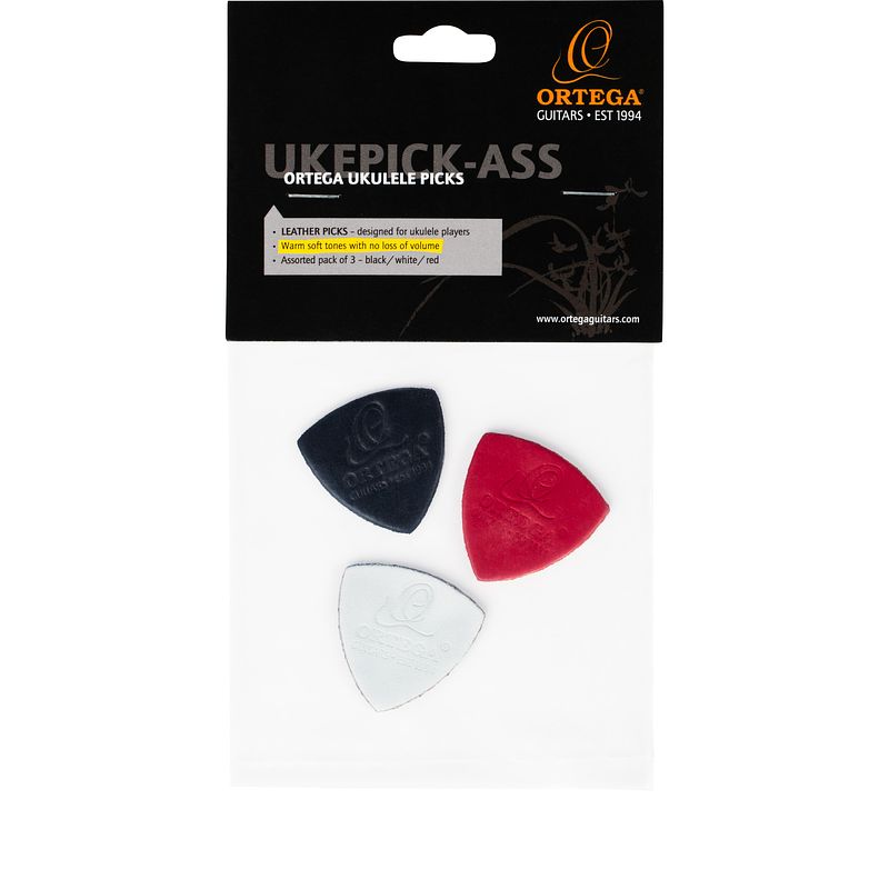 Foto van Ortega ukepick-ass plectrum set ukelele leer (3 stuks)