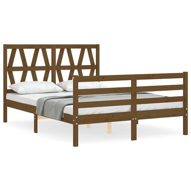 Foto van The living store bedframe massief grenenhout - honingbruin - 195.5 x 125.5 x 100 cm - multiplex lattenbodem