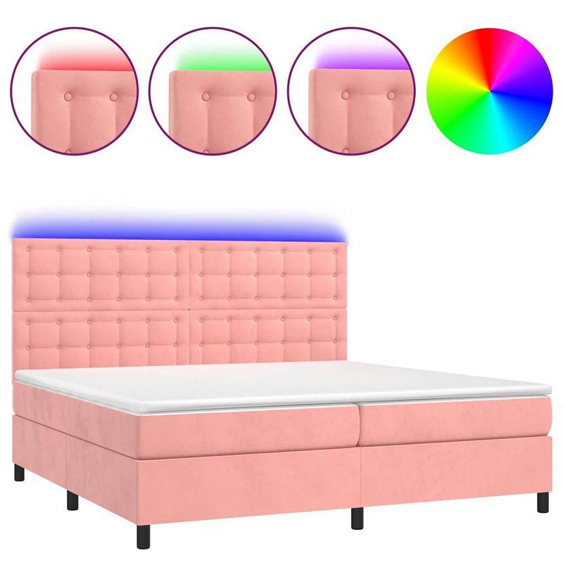 Foto van The living store boxspring bed - fluweel - led - pocketvering - topmatras - roze - 203 x 200 x 118/128 cm