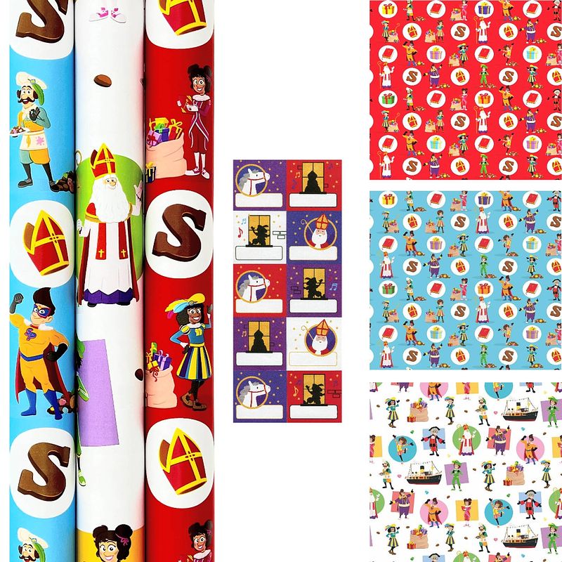 Foto van Club van sinterklaas inpak cadeaupapier incl. 60 naamstickers - 18 rollen 70 cm x 2 meter