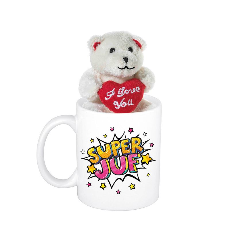 Foto van Juffendag cadeau super juf pop art beker / mok 300 ml met beige knuffelbeertje met love hartje - feest mokken