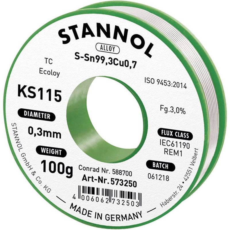 Foto van Stannol ks115 soldeertin, loodvrij spoel sn99,3cu0,7 100 g 0.3 mm