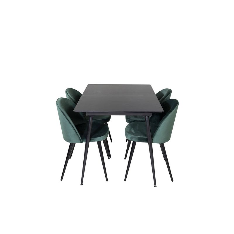 Foto van Silarblext eethoek eetkamertafel uitschuifbare tafel lengte cm 120 / 160 zwart en 4 velvet eetkamerstal velours groente,