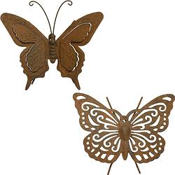 Foto van 2x stuks tuin/schutting decoratie vlinders - metaal - roestbruin - tuinbeelden