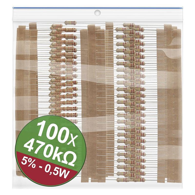 Foto van Quadrios 22p125 koolfilmweerstand assortiment 470 kω axiaal bedraad 0.5 w 5 % 1 set(s)