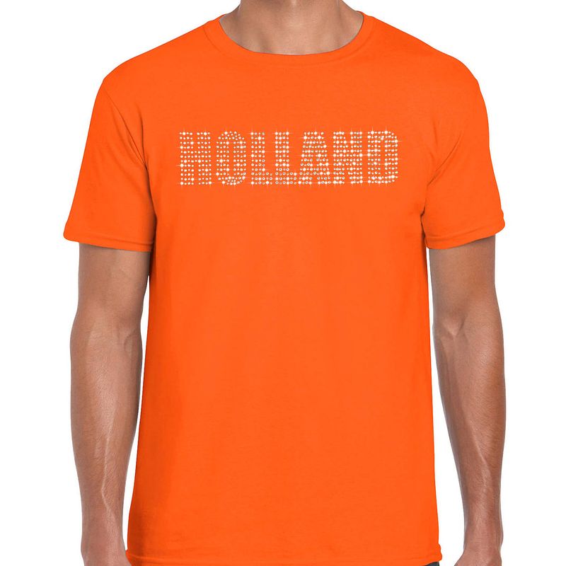 Foto van Glitter holland t-shirt oranje rhinestone steentjes voor heren nederland supporter ek/ wk xl - feestshirts