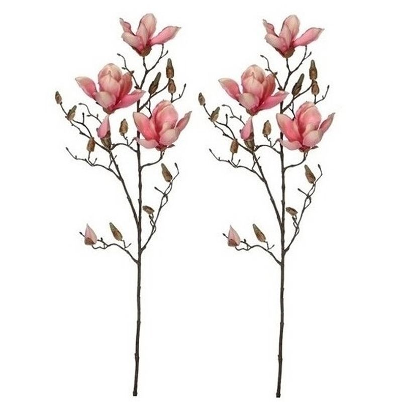 Foto van 2x roze magnolia/beverboom kunsttak kunstplant 90 cm - kunstplanten