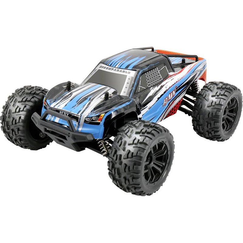 Foto van Reely raw blauw brushed 1:14 rc auto elektro monstertruck 4wd rtr 2,4 ghz incl. accu en lader