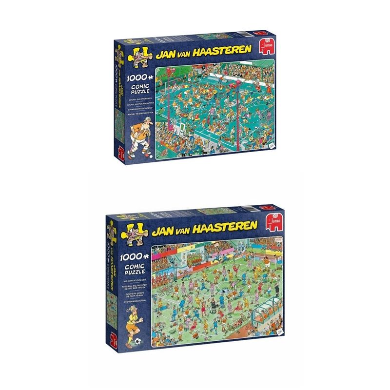 Foto van Jan van haasteren sportpuzzelbundel - 2 stuks - hockey kampioenschappen 1000 stukjes & wk vrouwenvoetbal 1000 stukjes