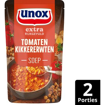 Foto van 2 zakken soep a 570 ml, pakken cupasoup a 3 stuks of single verpakkingen noodles of pasta | unox extra rijkgevuld soep in zak tomaten kikkererwten 570ml aanbieding bij jumbo