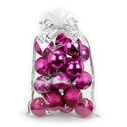 Foto van 20x stuks kunststof kerstballen fuchsia roze mix 6 cm in giftbag - kerstbal