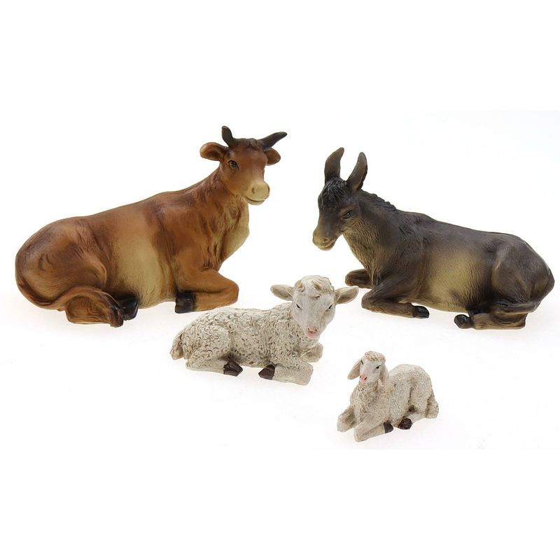 Foto van Kerststal dieren - beeldjes - 4x stuks - os, ezel, schaap en lammetjea  - kerststallen