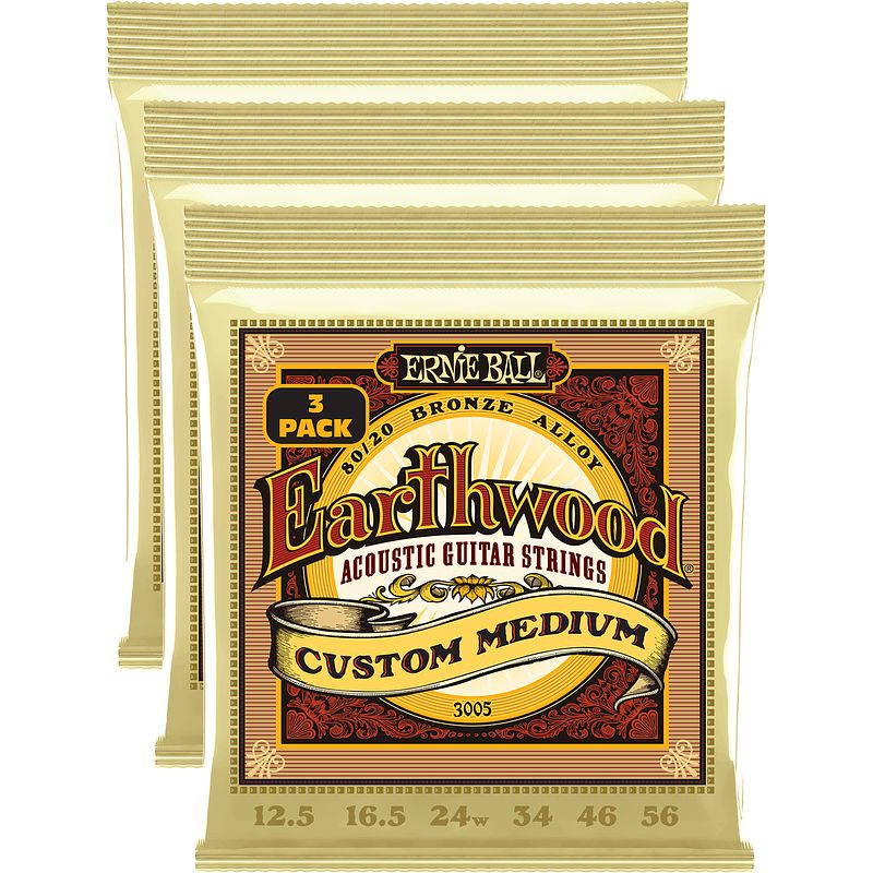 Foto van Ernie ball 3005 earthwood custom medium 80/20 bronze 12,5-56 snaren voor westerngitaar (3 sets)