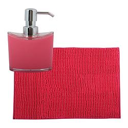 Foto van Msv badkamer droogloop mat/tapijtje - 40 x 60 cm - en zelfde kleur zeeppompje 260 ml - fuchsia roze - badmatjes