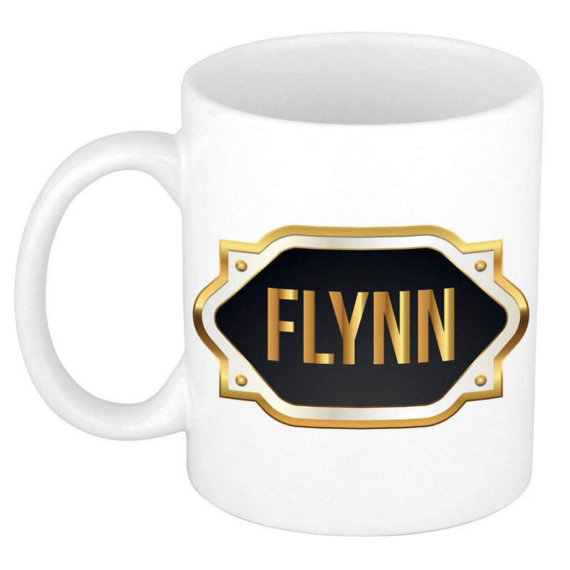 Foto van Naam cadeau mok / beker flynn met gouden embleem 300 ml - naam mokken