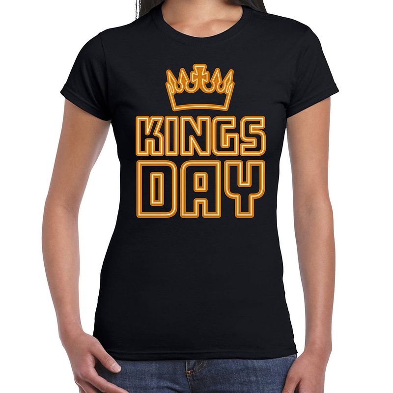 Foto van Koningsdag t-shirt - kingsday - kroontje - dames - zwart 2xl - feestshirts