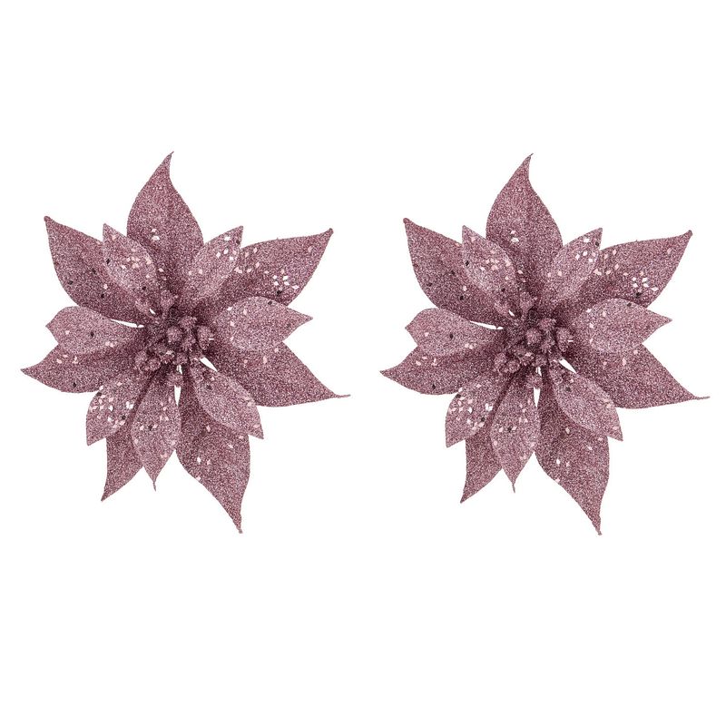 Foto van 2x stuks decoratie bloemen kerstster roze glitter op clip 18 cm - kersthangers