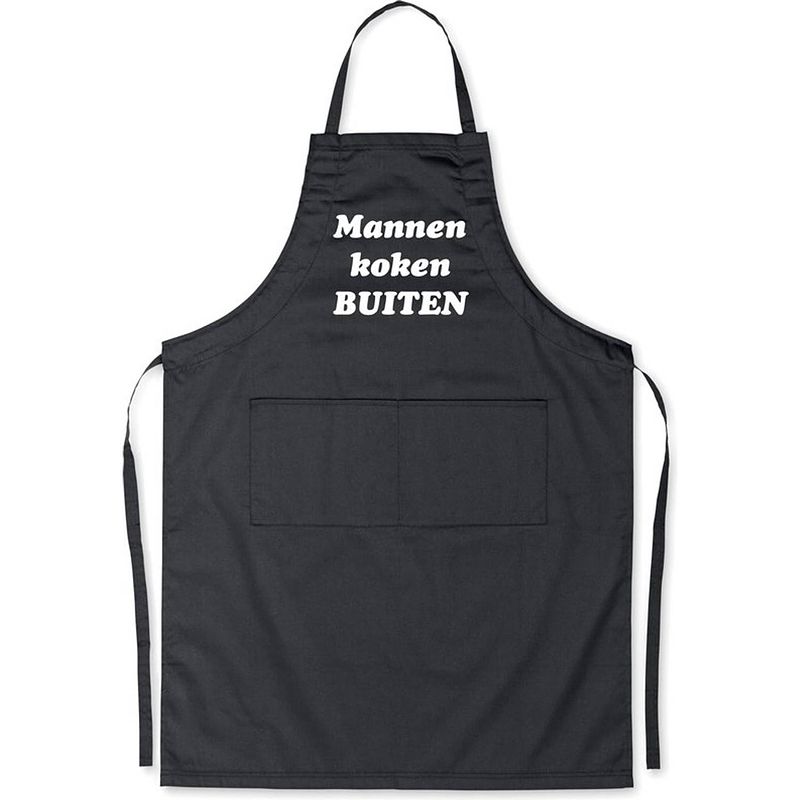 Foto van Mannen koken buiten! - luxe schort keukenschort met tekst - zwart