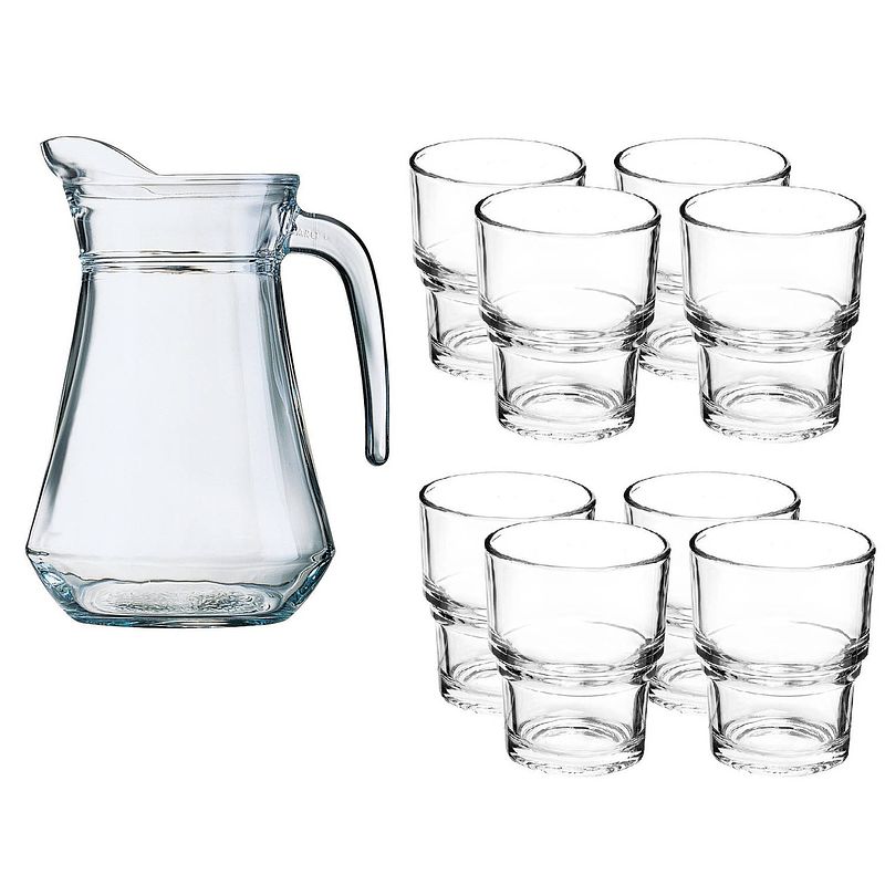 Foto van Glazen schenkkan/karaf 1 liter met 8x waterglazen 210 ml - schenkkannen