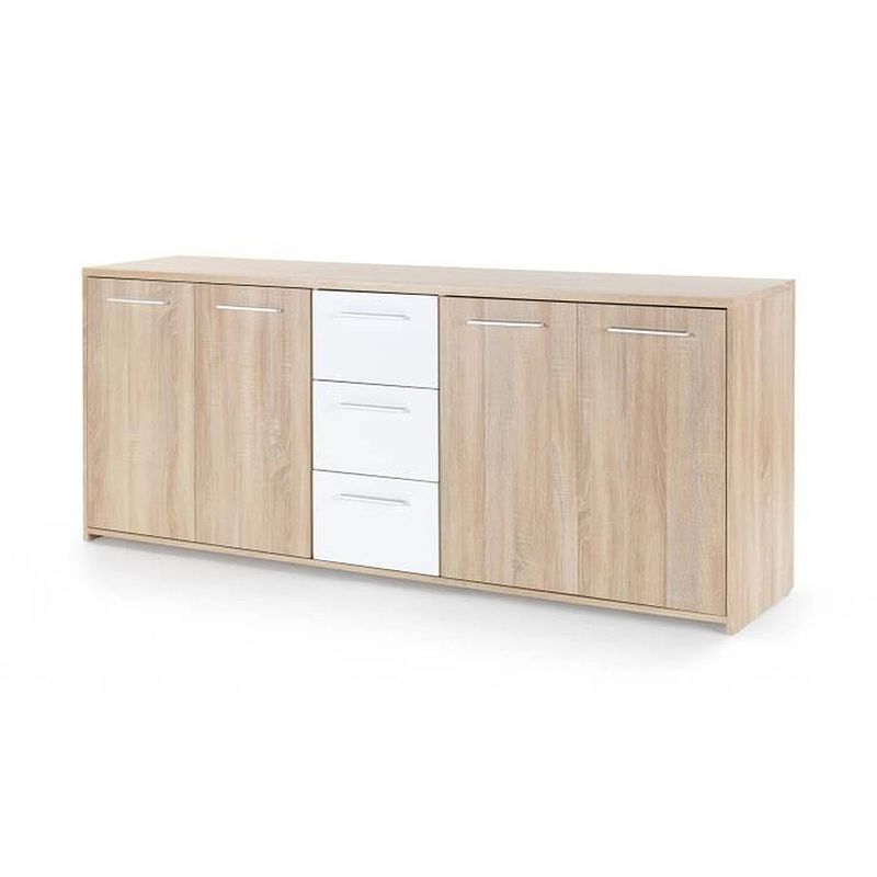 Foto van Pilvi laag dressoir - 4 deuren en 3 lades - mat wit en sonoma eiken - eigentijds - l 179,2 x d 42 x h 74,5 cm